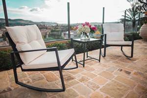 Outdoor 3-Piece Black Rocking Wicker Bistro Set